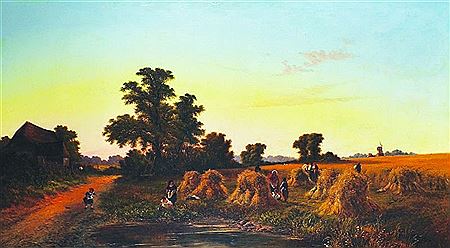 Walter Williams : The Harvest Field', figures in the fields, with a Church in the distance