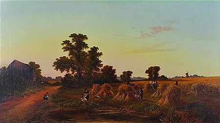 Walter Williams : The Harvest Field”, figures in the fields, with a Church in the distance