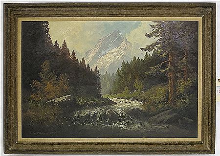 J H Thomas : Alpine landscape with forest and river