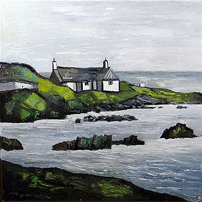 Tony Wooding : Seascape with cottage, Bull Bay, Anglesey