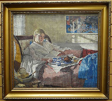 Fairlie Harmar : Young lady in night-dress reclining in bed with breakfast tray