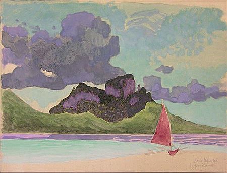 Jacques Boullaire : Bora Bora et pirogue à voile, 1950