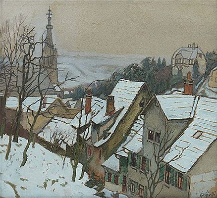 Karl Fuchs : 'Esslingen im Winter', der Blick vom Haus Fuchs, rechts hinten das Haus Oskar Braun