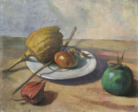 Karl Papesch : 'Herbstliches Stilleben mit Zwiebel, Mohnkapsel, Lampionblume und unreifer Tomate.'