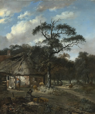 Jan Wynants : WOODED LANDSCAPE WITH A BOY AND ANIMALS NEAR A COTTAGE