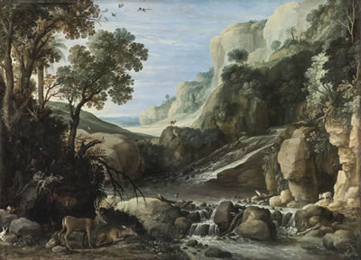 Paul Bril : MOUNTAINOUS LANDSCAPE WITH WILDLIFE AROUND A CASCADE