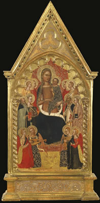 Jacopo di Cione : MADONNA AND CHILD ENTHRONED WITH SAINTS ANTHONY ABBOT, MARY MAGDALENE, CATHERINE OF ALEXANDRIA, AND A BISHOP SAINT, WITH EIGHT ANGELS