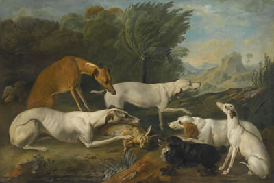 Jacques-Charles Oudry : DOGS IN A LANDSCAPE WITH THEIR CATCH