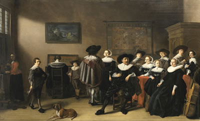 Pieter Jacobsz Codde : FAMILY PORTRAIT WITH HUSBAND, WIFE AND TWO DAUGHTERS SEATED AT A TABLE DRAPED IN RED CLOTH, A SON PLAYING A LUTE, ANOTHER SON HOLDING A FIDDLE BESIDE A LADY PLAYING THE VIRGINAL, A MAIDSERVANT POURING WINE BY THE WINDOW, AND A DOG RESTING ON THE FLOOR