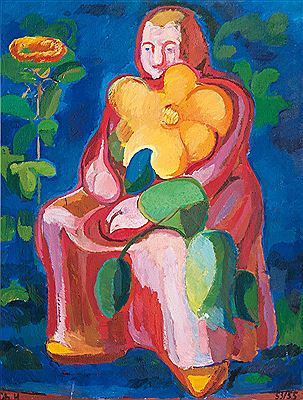 Charlotte HilmerHilmer-Wegel : Woman with large Flower - Frau mit großer Blume