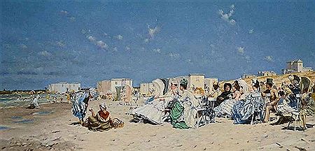 Paul Flaubert : Plage animée vers 1880 dans le goût de Boudin