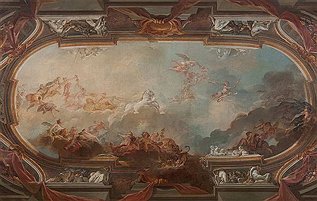 Jean Baptiste Marie Pierre : Ceiling project with the chariot of Apollo, Aurora, and allegories of the seasons