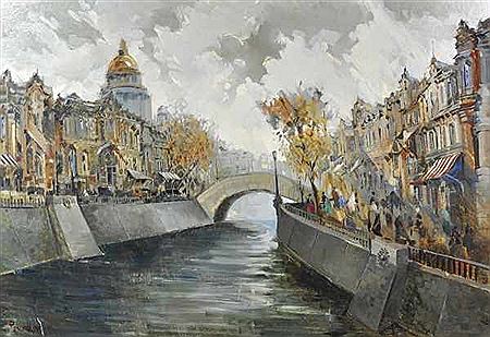 Mikhail Ponomarenko : 'Ansicht von Paris', Häuser mit Brücke an der Seine