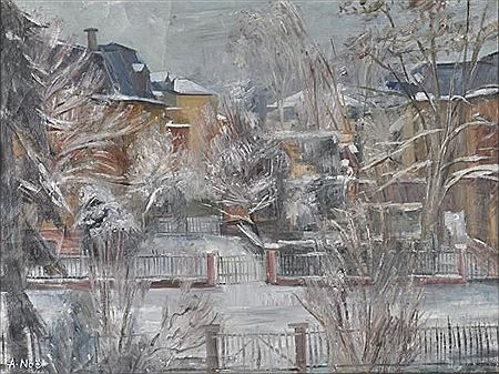 Alfred Noe : 'Atelierausblick' im Winter, Blick aus dem Atelier des Künstlers auf verschneiten Garten mit Bäumen, dahinter Wohnhäuser