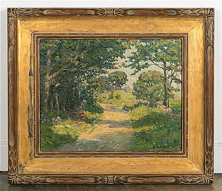 Robert W Broderick : Landscape scene with serene forest  and curved path