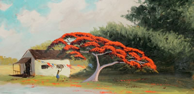 Alfred Hair : Florida Highwaymen Landscape Painting with Poinciana and 3 Black Figures