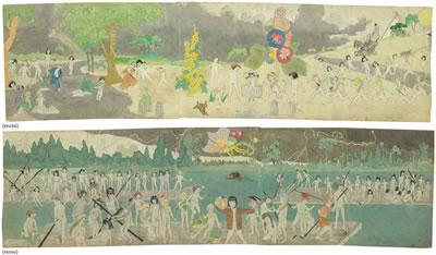 Henry Darger : 93 At Jennie Richee, are chaced for long distance by Glandelinians with blood hounds. / 95 At Jennie Richee, Escape down Aronburgs Run River through circle section in storm., double sided