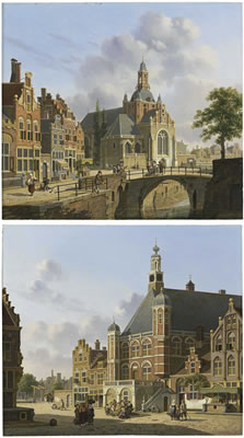 Jan Hendrik Verheijen : A Church along a Canal, Holland; and A Busy Town Square, Holland