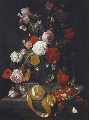 Cornelis De Heem : Roses, poppies, lillies and other flowers in a glass vase on a stone shelf, a peeled orange and raspberries in a Wan Li bowl on a stone ledge below