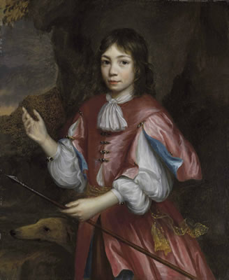 Martin Mijtens : Portrait of a boy with a dog and spear, three-quarter-length, a rocky landscape beyond