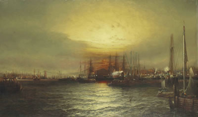 Elisha Taylor (ET) Baker : Sunrise from Chapman Dock and Old Brooklyn Navy Yard, East River, New York