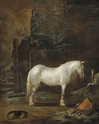 Pieter Cornelisz Verbeeck : A grey horse tied to a hitching post before an inn