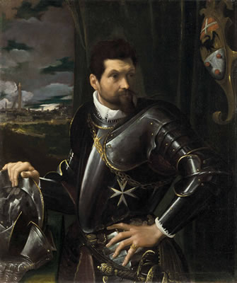 Lodovico Carracci : Portrait of Carlo Alberto Rati Opizzoni in armour, three-quarter-length, wearing the Order of the Knights of Malta, the city of Bologna beyond