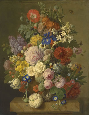 Jan Frans Van Dael : A Crown Imperial, roses, hyacinths, an iris and other flowers in a terracotta vase with a bird's nest on a plinth