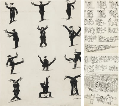 Henry Mayo Bateman : Impressions of a New York policeman directing traffic (i); and The Prisoner, when arrested, clung to the railings (ii)