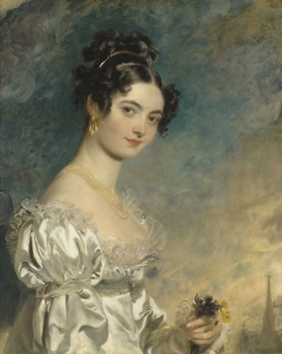 Thomas (Sir Thomas) Lawrence : Portrait of Lady Selina Meade (1797–1872), half-length, in an ivory satin dress, with the spire of St. Stephen’s Cathedral, Vienna, beyond