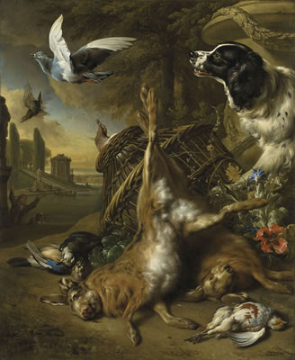 Jan Weenix : Dead hares, Jackdaws and a partridge with a spaniel upsetting a basket of pigeons, a lake and formal garden beyond