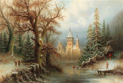 Albert Bredow : Romantische Winterlandschaft mit Eisläufern vor einem Schloss