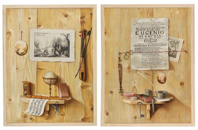 Antonio Gianlisi Jr : A pair of Trompe l’oeil paintings, one with an engraving, a globe and musical instruments, the other with a rosary, spectacles and an ink stand