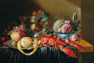 Cornelis Mahu : A still life with fruit and a boiled lobster