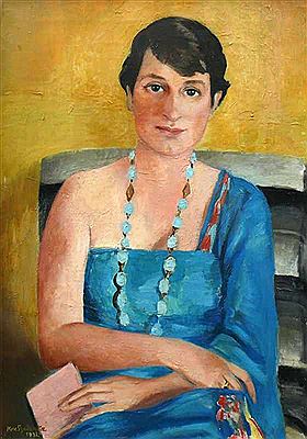 Kasia von Szadurska : 'Damen-Halbportrait' der Frau Langendorff (Konstanz); sitzend; in blauem Kleid mit Halskette