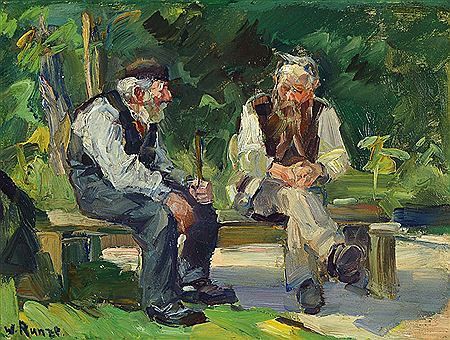 Wilhelm Runze : Two Old Men Talking on the Bench in the Garden