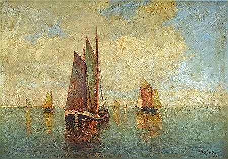 Rudolph Guba : Light ruffled sea with sailing ships