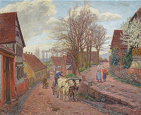 Heinrich Strieffler : Street in Barbelroth with oxen wagon and persons