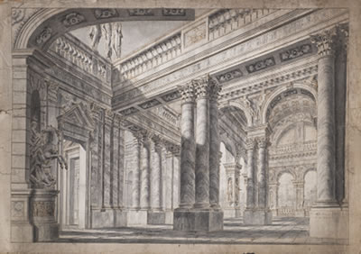 Ferdinando Galli Bibiena : Stage set drawing: Palace courtyard with columns and statues