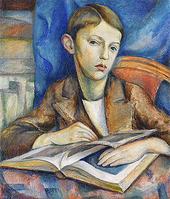 Alexandra Povorina : Knabe mit Bilderbuch. 1915