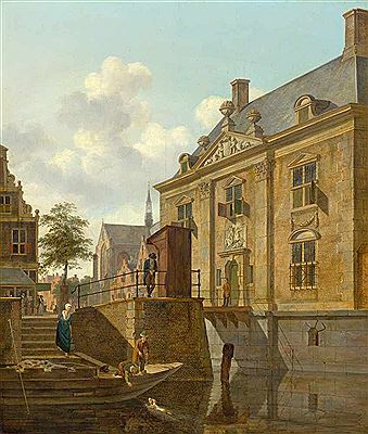 Johannes Huibert Prins : A Dutch city view on a canal.