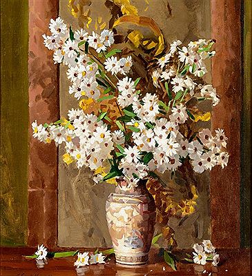 Harley Cameron Griffiths : Still life with white flowers in a Satsuma vase