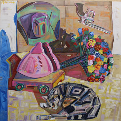 Frank Romero : STILL LIFE WITH CAT AND FLOWERS, 2000