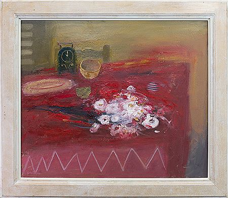 Helen Tabor : FLOWERS ON A RED TABLE