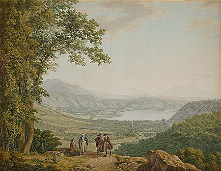 Abraham Louis Rodolphe Ducros : Vue animée et présumée du lac d’Averne près de Naples avec le Vésuve au loin