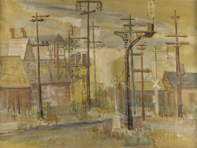 Jae Carmichael : 'Santa Fe Signals', train tracks in a suburban landscape