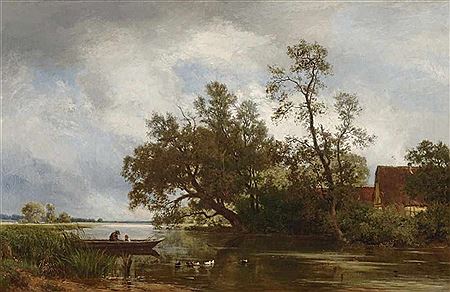 August Karl Martin Splitgerber : Shore Landscape with Farmstead and Boat