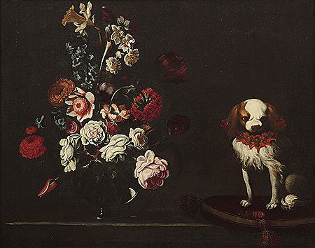 Bartolomeo Ligozzi : NATURE MORTE CON VASI DI FIORI FRUTTA UCCELLI E UN CANE  (2)