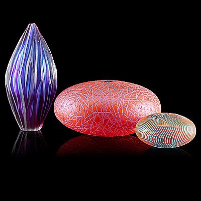 Monica & Philip Guggisberg & Baldwin : Three glass vessels, Switzerland, ca. 2000: 'Red and Violet Horizon,' 'Interni', and untitled vase