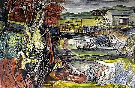 Bert Isaac : Farmland with barn and study of a tree